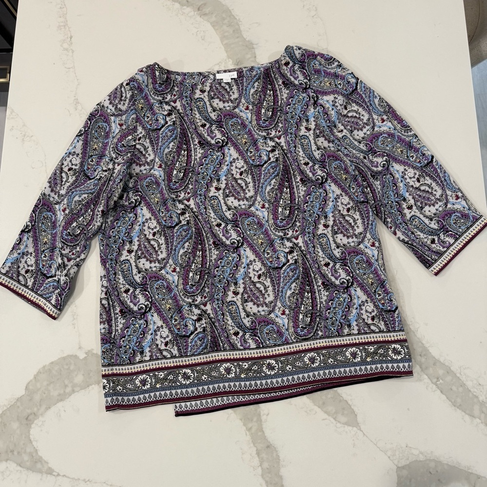 J. Jill Adara Paisley Faux WrappedBack Top Boatneck Blouse Womens Medium Violet